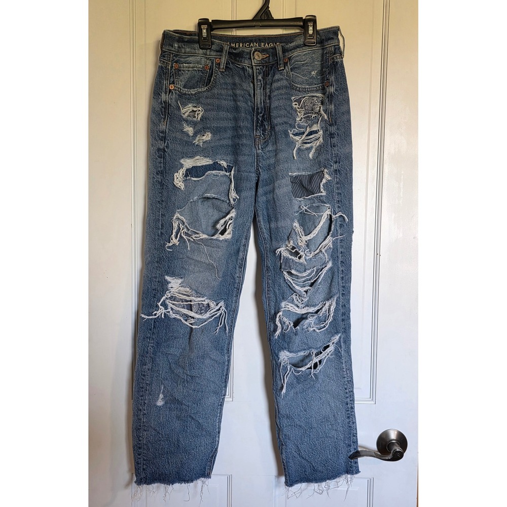 American Eagle 90s Boyfriend Distressed Patchwork Jeans Medium Wash Size 10